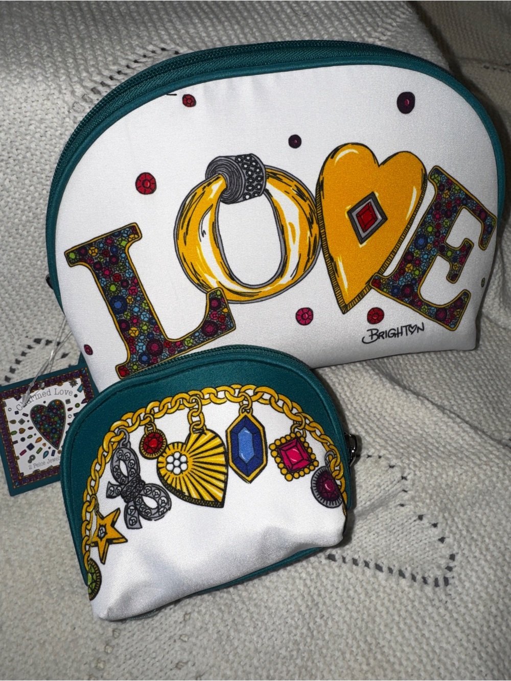 Brighton Teal and White 'LOVE' Cosmetic Pouch Set NWT